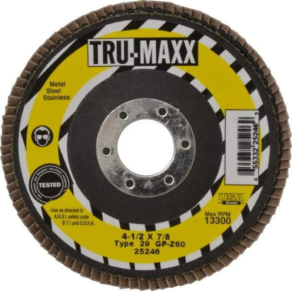 Tru-Maxx - 60 Grit, 4-1/2" Disc Diam, 7/8" Center Hole, Type 29 Zirconia Alumina Flap Disc - 13,300 Max RPM, Arbor Attaching System, Coated - Apex Tool & Supply