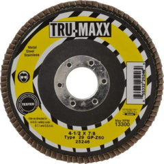 Tru-Maxx - 60 Grit, 4-1/2" Disc Diam, 7/8" Center Hole, Type 29 Zirconia Alumina Flap Disc - 13,300 Max RPM, Arbor Attaching System, Coated - Apex Tool & Supply