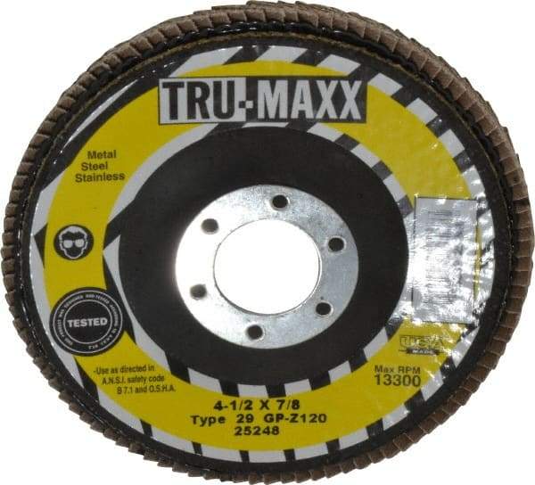 Tru-Maxx - 120 Grit, 4-1/2" Disc Diam, 7/8" Center Hole, Type 29 Zirconia Alumina Flap Disc - 13,300 Max RPM, Arbor Attaching System, Coated - Apex Tool & Supply