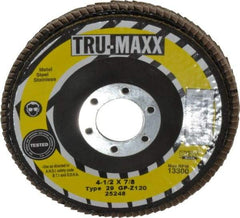 Tru-Maxx - 120 Grit, 4-1/2" Disc Diam, 7/8" Center Hole, Type 29 Zirconia Alumina Flap Disc - 13,300 Max RPM, Arbor Attaching System, Coated - Apex Tool & Supply