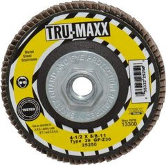 Tru-Maxx - 36 Grit, 4-1/2" Disc Diam, 5/8-11 Center Hole, Type 29 Zirconia Alumina Flap Disc - 13,300 Max RPM, Arbor Attaching System, Coated - Apex Tool & Supply