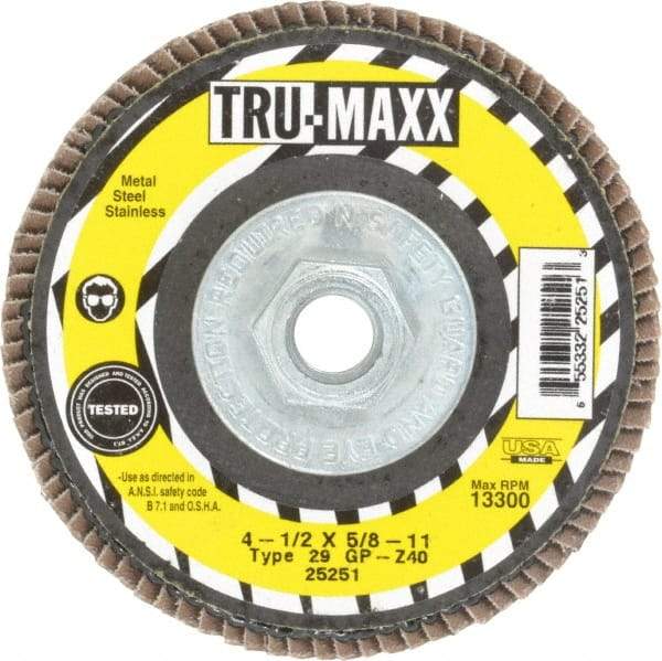 Tru-Maxx - 40 Grit, 4-1/2" Disc Diam, 5/8-11 Center Hole, Type 29 Zirconia Alumina Flap Disc - 13,300 Max RPM, Arbor Attaching System, Coated - Apex Tool & Supply