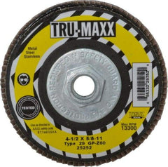 Tru-Maxx - 60 Grit, 4-1/2" Disc Diam, 5/8-11 Center Hole, Type 29 Zirconia Alumina Flap Disc - 13,300 Max RPM, Arbor Attaching System, Coated - Apex Tool & Supply