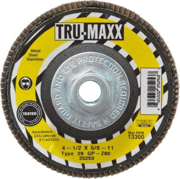 Tru-Maxx - 80 Grit, 4-1/2" Disc Diam, 5/8-11 Center Hole, Type 29 Zirconia Alumina Flap Disc - 13,300 Max RPM, Arbor Attaching System, Coated - Apex Tool & Supply