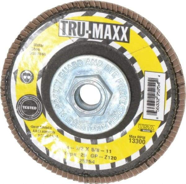 Tru-Maxx - 120 Grit, 4-1/2" Disc Diam, 5/8-11 Center Hole, Type 29 Zirconia Alumina Flap Disc - 13,300 Max RPM, Arbor Attaching System, Coated - Apex Tool & Supply