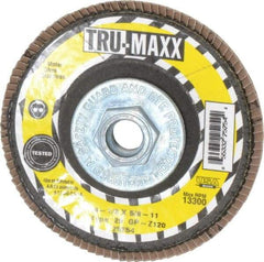 Tru-Maxx - 120 Grit, 4-1/2" Disc Diam, 5/8-11 Center Hole, Type 29 Zirconia Alumina Flap Disc - 13,300 Max RPM, Arbor Attaching System, Coated - Apex Tool & Supply