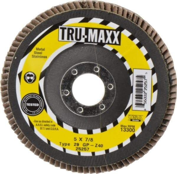 Tru-Maxx - 40 Grit, 5" Disc Diam, 7/8" Center Hole, Type 29 Zirconia Alumina Flap Disc - 12,200 Max RPM, Arbor Attaching System, Coated - Apex Tool & Supply