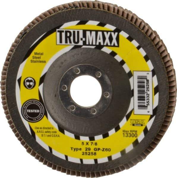Tru-Maxx - 60 Grit, 5" Disc Diam, 7/8" Center Hole, Type 29 Zirconia Alumina Flap Disc - 12,200 Max RPM, Arbor Attaching System, Coated - Apex Tool & Supply