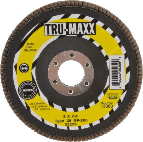 Tru-Maxx - 80 Grit, 5" Disc Diam, 7/8" Center Hole, Type 29 Zirconia Alumina Flap Disc - 12,200 Max RPM, Arbor Attaching System, Coated - Apex Tool & Supply