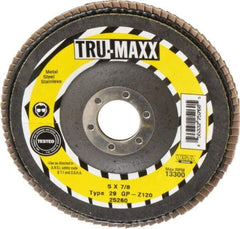 Tru-Maxx - 120 Grit, 5" Disc Diam, 7/8" Center Hole, Type 29 Zirconia Alumina Flap Disc - 12,200 Max RPM, Arbor Attaching System, Coated - Apex Tool & Supply