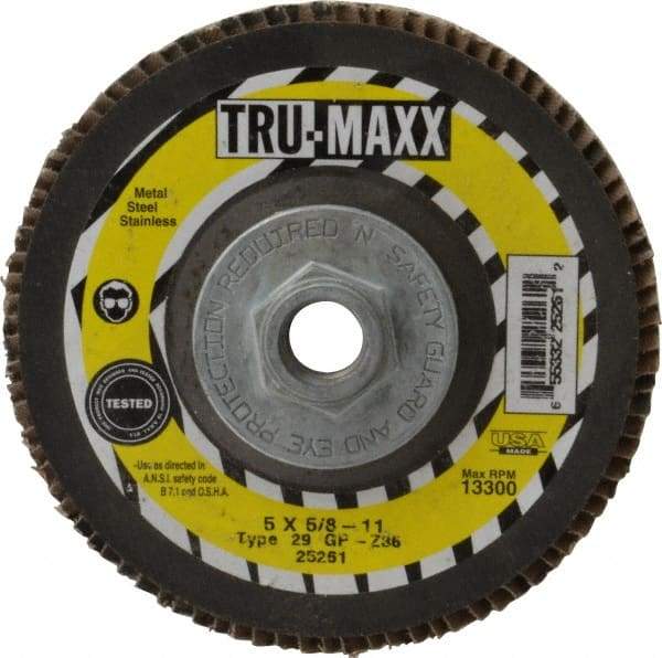 Tru-Maxx - 36 Grit, 5" Disc Diam, 5/8-11 Center Hole, Type 29 Zirconia Alumina Flap Disc - 12,200 Max RPM, Arbor Attaching System, Coated - Apex Tool & Supply