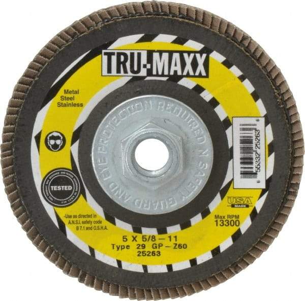 Tru-Maxx - 60 Grit, 5" Disc Diam, 5/8-11 Center Hole, Type 29 Zirconia Alumina Flap Disc - 12,200 Max RPM, Arbor Attaching System, Coated - Apex Tool & Supply