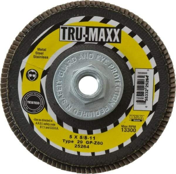 Tru-Maxx - 80 Grit, 5" Disc Diam, 5/8-11 Center Hole, Type 29 Zirconia Alumina Flap Disc - 12,200 Max RPM, Arbor Attaching System, Coated - Apex Tool & Supply