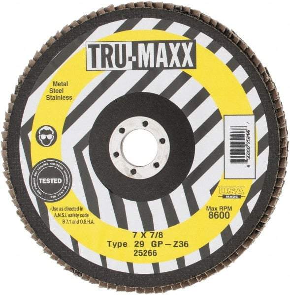 Tru-Maxx - 36 Grit, 7" Disc Diam, 7/8" Center Hole, Type 29 Zirconia Alumina Flap Disc - 8,600 Max RPM, Arbor Attaching System, Coated - Apex Tool & Supply
