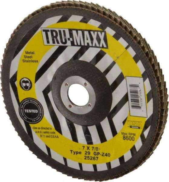 Tru-Maxx - 40 Grit, 7" Disc Diam, 7/8" Center Hole, Type 29 Zirconia Alumina Flap Disc - 8,600 Max RPM, Arbor Attaching System, Coated - Apex Tool & Supply