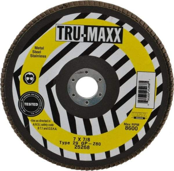 Tru-Maxx - 60 Grit, 7" Disc Diam, 7/8" Center Hole, Type 29 Zirconia Alumina Flap Disc - 8,600 Max RPM, Arbor Attaching System, Coated - Apex Tool & Supply