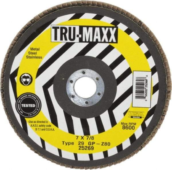 Tru-Maxx - 80 Grit, 7" Disc Diam, 7/8" Center Hole, Type 29 Zirconia Alumina Flap Disc - 8,600 Max RPM, Arbor Attaching System, Coated - Apex Tool & Supply
