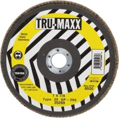 Tru-Maxx - 80 Grit, 7" Disc Diam, 7/8" Center Hole, Type 29 Zirconia Alumina Flap Disc - 8,600 Max RPM, Arbor Attaching System, Coated - Apex Tool & Supply