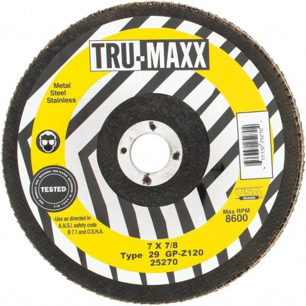 Tru-Maxx - 120 Grit, 7" Disc Diam, 7/8" Center Hole, Type 29 Zirconia Alumina Flap Disc - 8,600 Max RPM, Arbor Attaching System, Coated - Apex Tool & Supply