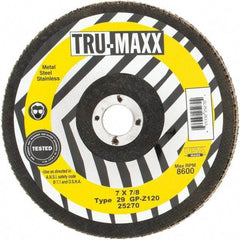 Tru-Maxx - 120 Grit, 7" Disc Diam, 7/8" Center Hole, Type 29 Zirconia Alumina Flap Disc - 8,600 Max RPM, Arbor Attaching System, Coated - Apex Tool & Supply