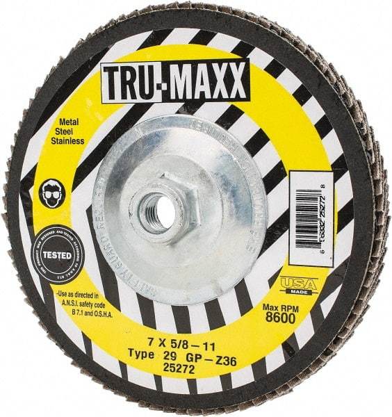 Tru-Maxx - 36 Grit, 7" Disc Diam, 5/8-11 Center Hole, Type 29 Zirconia Alumina Flap Disc - 8,600 Max RPM, Arbor Attaching System, Coated - Apex Tool & Supply