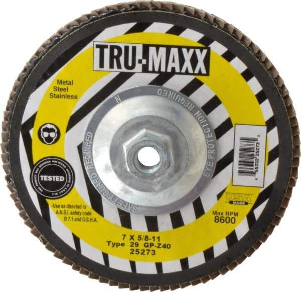 Tru-Maxx - 40 Grit, 7" Disc Diam, 5/8-11 Center Hole, Type 29 Zirconia Alumina Flap Disc - 8,600 Max RPM, Arbor Attaching System, Coated - Apex Tool & Supply
