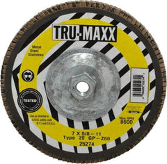 Tru-Maxx - 60 Grit, 7" Disc Diam, 5/8-11 Center Hole, Type 29 Zirconia Alumina Flap Disc - 8,600 Max RPM, Arbor Attaching System, Coated - Apex Tool & Supply