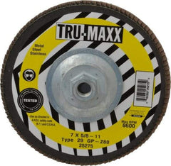 Tru-Maxx - 80 Grit, 7" Disc Diam, 5/8-11 Center Hole, Type 29 Zirconia Alumina Flap Disc - 8,600 Max RPM, Arbor Attaching System, Coated - Apex Tool & Supply