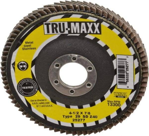 Tru-Maxx - 40 Grit, 4-1/2" Disc Diam, 7/8" Center Hole, Type 29 Zirconia Alumina Flap Disc - 13,300 Max RPM, Arbor Attaching System, Coated - Apex Tool & Supply
