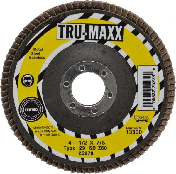 Tru-Maxx - 60 Grit, 4-1/2" Disc Diam, 7/8" Center Hole, Type 29 Zirconia Alumina Flap Disc - 13,300 Max RPM, Arbor Attaching System, Coated - Apex Tool & Supply