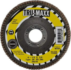 Tru-Maxx - 60 Grit, 4-1/2" Disc Diam, 7/8" Center Hole, Type 29 Zirconia Alumina Flap Disc - 13,300 Max RPM, Arbor Attaching System, Coated - Apex Tool & Supply