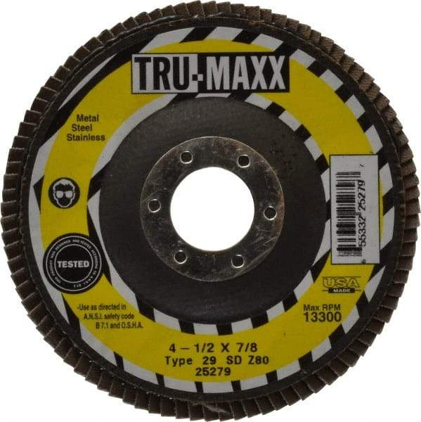Tru-Maxx - 80 Grit, 4-1/2" Disc Diam, 7/8" Center Hole, Type 29 Zirconia Alumina Flap Disc - 13,300 Max RPM, Arbor Attaching System, Coated - Apex Tool & Supply