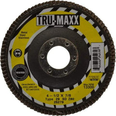 Tru-Maxx - 80 Grit, 4-1/2" Disc Diam, 7/8" Center Hole, Type 29 Zirconia Alumina Flap Disc - 13,300 Max RPM, Arbor Attaching System, Coated - Apex Tool & Supply