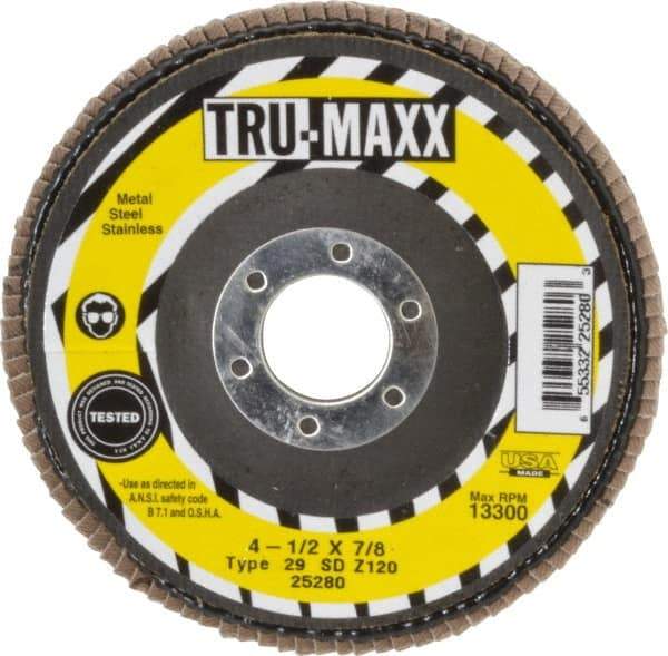 Tru-Maxx - 120 Grit, 4-1/2" Disc Diam, 7/8" Center Hole, Type 29 Zirconia Alumina Flap Disc - 13,300 Max RPM, Arbor Attaching System, Coated - Apex Tool & Supply