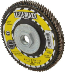 Tru-Maxx - 40 Grit, 4-1/2" Disc Diam, 5/8-11 Center Hole, Type 29 Zirconia Alumina Flap Disc - 13,300 Max RPM, Arbor Attaching System, Coated - Apex Tool & Supply