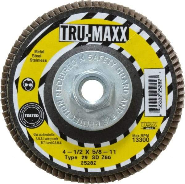 Tru-Maxx - 60 Grit, 4-1/2" Disc Diam, 5/8-11 Center Hole, Type 29 Zirconia Alumina Flap Disc - 13,300 Max RPM, Arbor Attaching System, Coated - Apex Tool & Supply