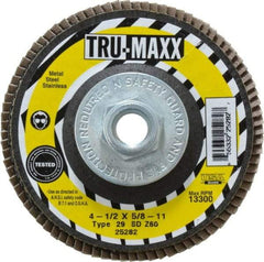 Tru-Maxx - 60 Grit, 4-1/2" Disc Diam, 5/8-11 Center Hole, Type 29 Zirconia Alumina Flap Disc - 13,300 Max RPM, Arbor Attaching System, Coated - Apex Tool & Supply