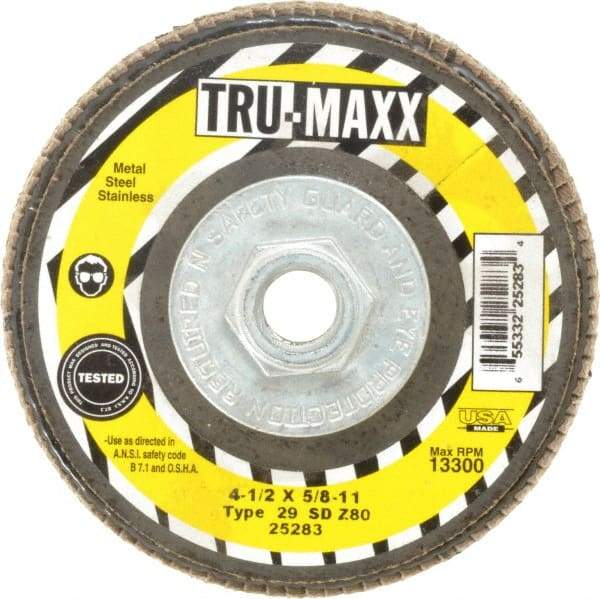 Tru-Maxx - 80 Grit, 4-1/2" Disc Diam, 5/8-11 Center Hole, Type 29 Zirconia Alumina Flap Disc - 13,300 Max RPM, Arbor Attaching System, Coated - Apex Tool & Supply