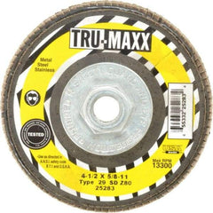 Tru-Maxx - 80 Grit, 4-1/2" Disc Diam, 5/8-11 Center Hole, Type 29 Zirconia Alumina Flap Disc - 13,300 Max RPM, Arbor Attaching System, Coated - Apex Tool & Supply