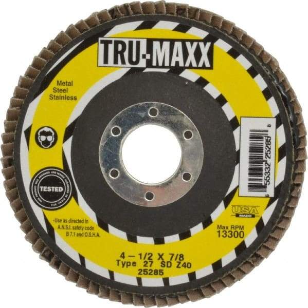 Tru-Maxx - 40 Grit, 4-1/2" Disc Diam, 7/8" Center Hole, Type 27 Zirconia Alumina Flap Disc - 13,300 Max RPM, Arbor Attaching System, Coated - Apex Tool & Supply