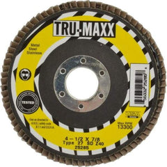 Tru-Maxx - 40 Grit, 4-1/2" Disc Diam, 7/8" Center Hole, Type 27 Zirconia Alumina Flap Disc - 13,300 Max RPM, Arbor Attaching System, Coated - Apex Tool & Supply
