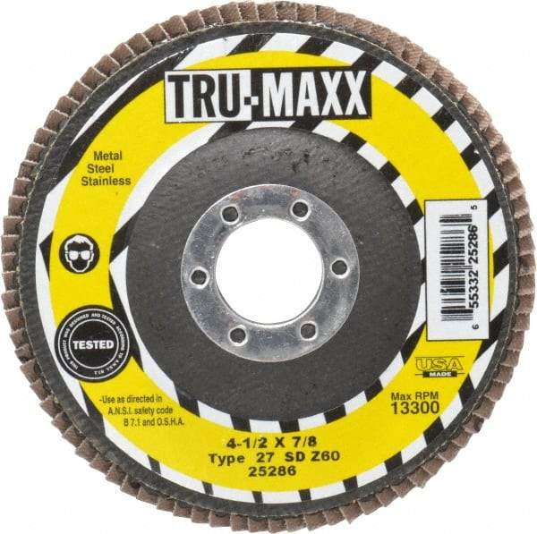 Tru-Maxx - 60 Grit, 4-1/2" Disc Diam, 7/8" Center Hole, Type 27 Zirconia Alumina Flap Disc - 13,300 Max RPM, Arbor Attaching System, Coated - Apex Tool & Supply