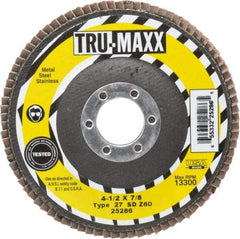 Tru-Maxx - 60 Grit, 4-1/2" Disc Diam, 7/8" Center Hole, Type 27 Zirconia Alumina Flap Disc - 13,300 Max RPM, Arbor Attaching System, Coated - Apex Tool & Supply