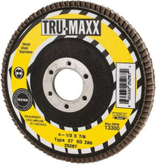 Tru-Maxx - 80 Grit, 4-1/2" Disc Diam, 7/8" Center Hole, Type 27 Zirconia Alumina Flap Disc - 13,300 Max RPM, Arbor Attaching System, Coated - Apex Tool & Supply
