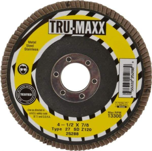 Tru-Maxx - 120 Grit, 4-1/2" Disc Diam, 7/8" Center Hole, Type 27 Zirconia Alumina Flap Disc - 13,300 Max RPM, Arbor Attaching System, Coated - Apex Tool & Supply