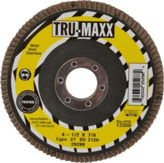 Tru-Maxx - 120 Grit, 4-1/2" Disc Diam, 7/8" Center Hole, Type 27 Zirconia Alumina Flap Disc - 13,300 Max RPM, Arbor Attaching System, Coated - Apex Tool & Supply