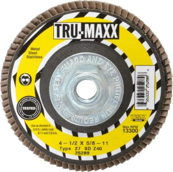 Tru-Maxx - 40 Grit, 4-1/2" Disc Diam, 5/8-11 Center Hole, Type 27 Zirconia Alumina Flap Disc - 13,300 Max RPM, Arbor Attaching System, Coated - Apex Tool & Supply