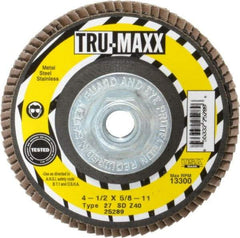Tru-Maxx - 40 Grit, 4-1/2" Disc Diam, 5/8-11 Center Hole, Type 27 Zirconia Alumina Flap Disc - 13,300 Max RPM, Arbor Attaching System, Coated - Apex Tool & Supply