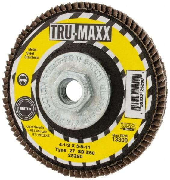 Tru-Maxx - 60 Grit, 4-1/2" Disc Diam, 5/8-11 Center Hole, Type 27 Zirconia Alumina Flap Disc - 13,300 Max RPM, Arbor Attaching System, Coated - Apex Tool & Supply