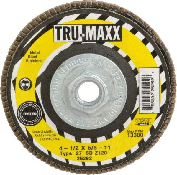 Tru-Maxx - 120 Grit, 4-1/2" Disc Diam, 5/8-11 Center Hole, Type 27 Zirconia Alumina Flap Disc - 13,300 Max RPM, Arbor Attaching System, Coated - Apex Tool & Supply